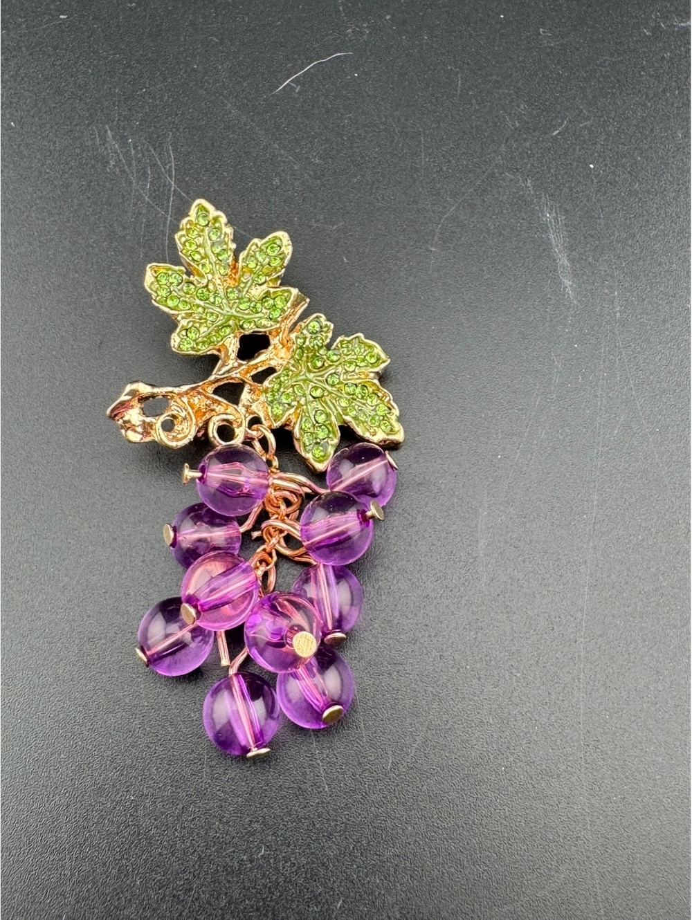 Grape Cluster Brooch with Green Leaf Rhinestones and Purple
